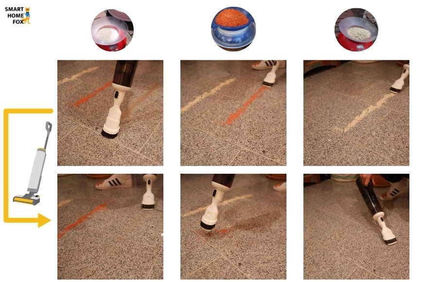 Man sieht, wie der Tineco Floor One S5 Combo als Handsauger trockene Verschmutzungen von einem Fliesenboden entfernt.